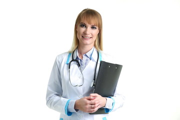 smiling doctor woman isolated on white background