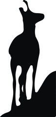 Black silhouette of chamois standing on the top of the hill. Isolated on white background. Vector illustration.
