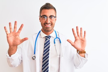 Young handsome doctor man wearing stethoscope over isolated background showing and pointing up with fingers number ten while smiling confident and happy.