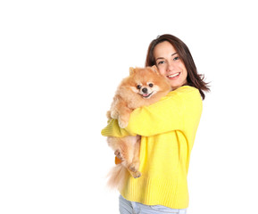 Young woman with  dog isolated on white background