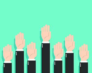 Businessman hands up. meeting, vote, question, comment, teamwork. business concept
