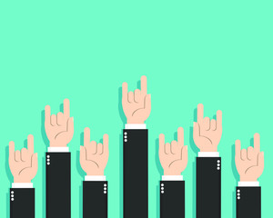 Obraz premium Businessman hands up. meeting, vote, question, comment, teamwork. business concept