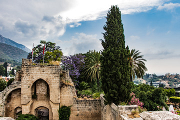 romantic ruins of bellapais abbey and mountains panorama in north Cyprus