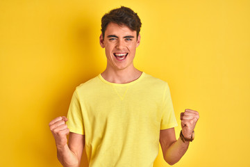 Teenager boy wearing yellow t-shirt over isolated background celebrating surprised and amazed for success with arms raised and open eyes. Winner concept.