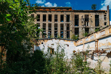 Fototapeta na wymiar Old abandoned ruined industrial building overgrown by plants and trees