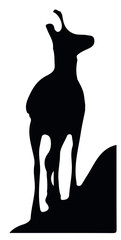 Black silhouette of chamois standing on the top of the hill. Isolated on white background. Illustration.