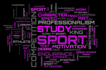 Beautiful purple word cloud for sport and motivation