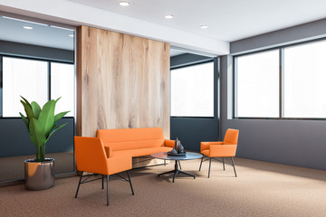 Fototapeta premium Grey and wooden office waiting room with sofa