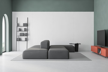 Green living room interior with sofa and TV