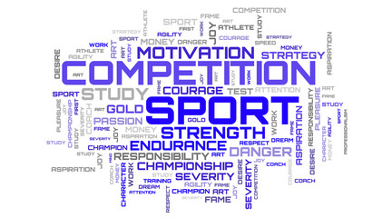 Word collage on white background. Sport art wallpaper. Beautiful blue word cloud illustration
