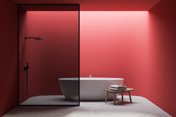 Red bathroom with tub and shower