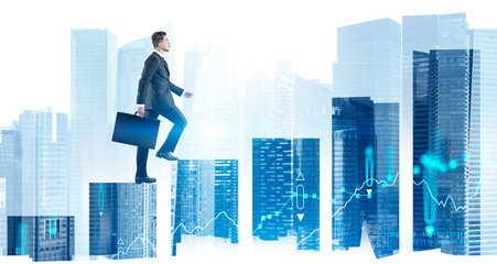 Man with briefcase climbing bar chart in city