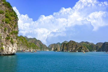 Beautiful landscape Halong Bay view. Halong bay islands.Tourist attraction, spectacular limestone grottos natural cave formations. Karst landforms in the sea, the world natural heritage.  