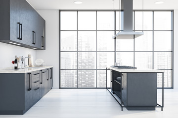 Panoramic white kitchen with island, side view