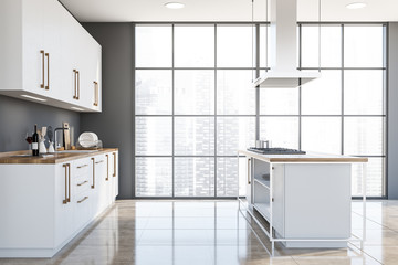Fototapeta na wymiar Panoramic gray kitchen with island, side view