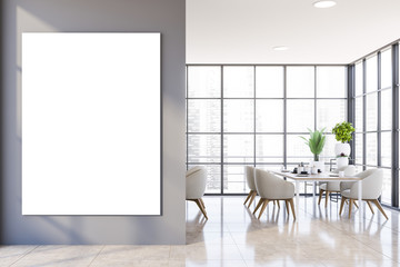 Panoramic gray dining room interior with poster