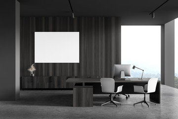 Wooden and grey CEO office interior with poster