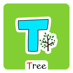 Alphabet for kids english letter T with tree image vector isolated colorful illustration