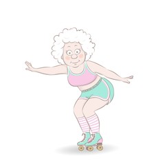 Vector illustration of an elderly woman on roller skates, cartoon design on a white background.
