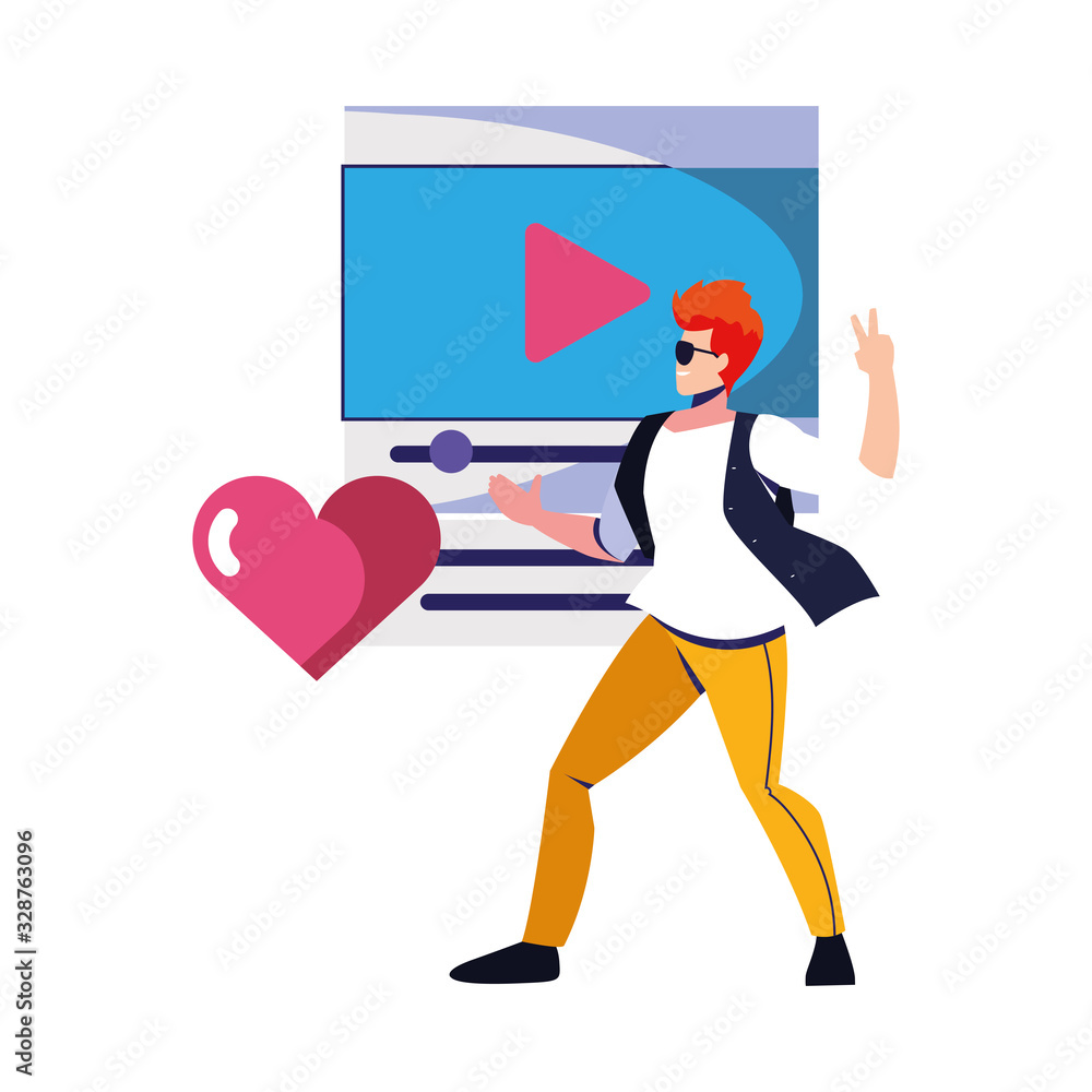 Poster man with media player on white background