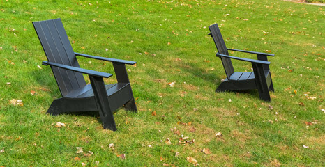 PRINCETON, NJ USA - NOVENBER 12, 2019: Landscaping, iron chairs on the green grass at Princeton...