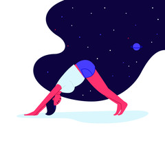 Flat illustration of a person practicing yoga with a night sky on the background