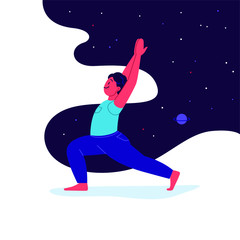 Fototapeta na wymiar Flat illustration of a person practicing yoga with a night sky on the background