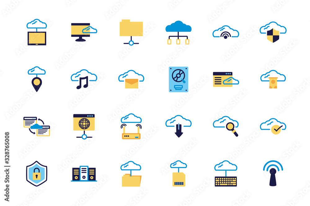 Poster bundle of cloud computing lineal colors style icons