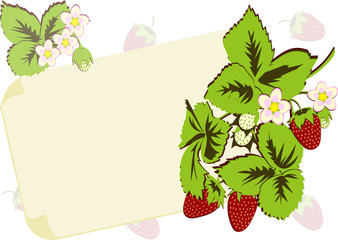 Vector illustration in flat style. Composition of strawberry branches with leaves, flowers and berries. In the center of the composition is a sheet of paper on wich you can place your text or photo. 