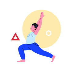 Flat illustration of a person practicing yoga with geometric background