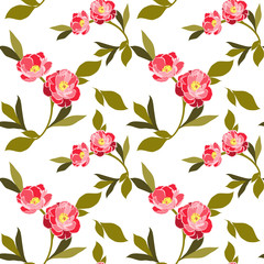 Seamless pattern of pink peonies on a white background.