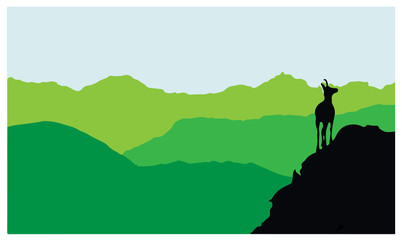 Obraz premium A chamois stands on top of a hill with mountains in the background. Black silhouette with green and yellow background. Vector illustration.