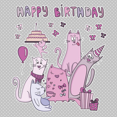 Vector birthday card with funny cats.