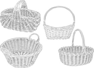 Obraz premium Vector illustration imitating a pencil drawing. Image of baskets. Four different form baskets, with a different type of weave.