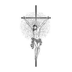 Jesus Christ on the cross with Rays of halo light and beams, symbol of saint. Crucifix drawing. Art tattoo reference template. Religion pride and glory. Good Friday Vector.