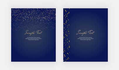 Gold confetti on the dark blue background. Modern vector design for wedding invitation, greeting, banner, flyer, poster, save the date