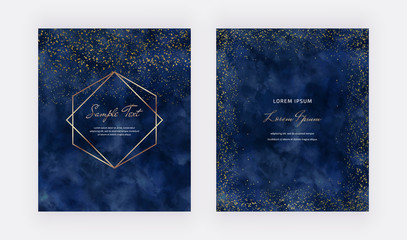 Gold confetti on the navy blue watercolor background and geometric polygonal lines frame. Modern vector design for wedding invitation, greeting, banner, flyer, poster, save the date