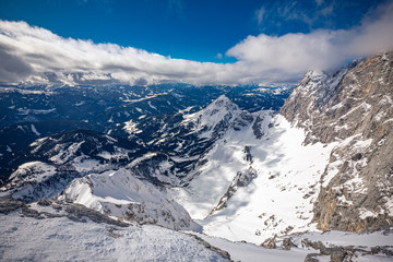 Fototapeta na wymiar The snowy winter panorama of Dachstein Alps, Austria