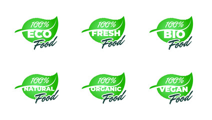 100 percent fresh healthy organic vegan food bio on green leaf labels and tags. Vegetarian natural eco green concept vector illustration