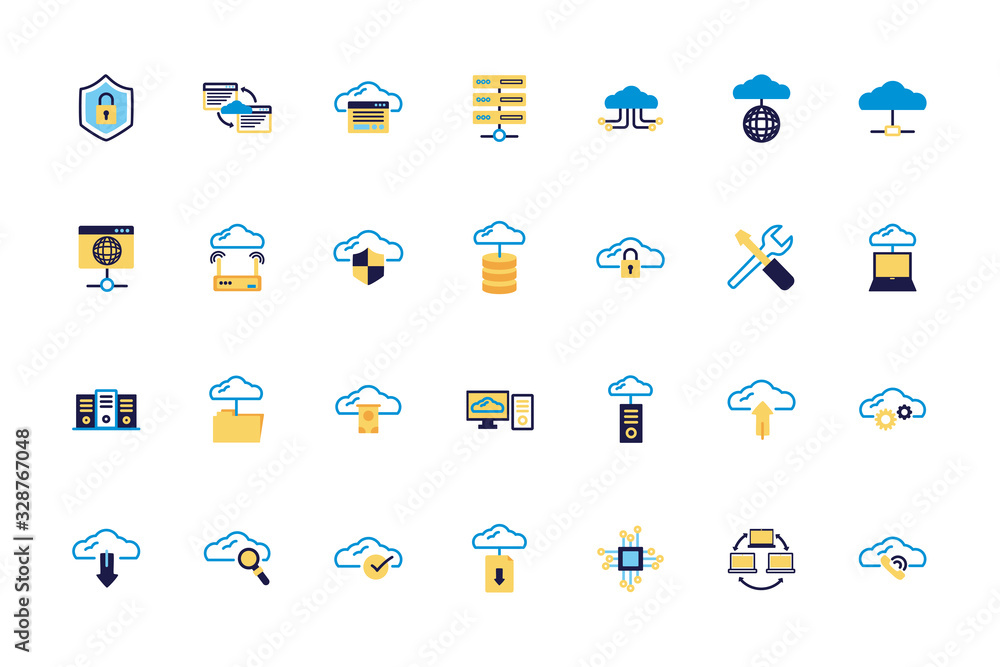 Poster bundle of cloud computing lineal colors style icons