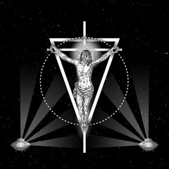 Jesus Christ on triangle tattoo. Symbol of Christianity prayer and religion. Mystical alien UFO with seeing eye rays. Concept spiritual and sacred magic secrets. Prophet in star space. Vector.