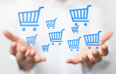 Online shopping business concept selecting shopping cart.