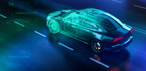 Fototapeta Modern car technology concept with wireframe intersection (3D illustration) obraz