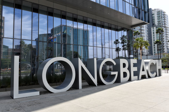 LONG BEACH, CALIFORNIA - 06 MAR 2020: Long Beach Sign At The Civic Center On Ocean Boulevard.