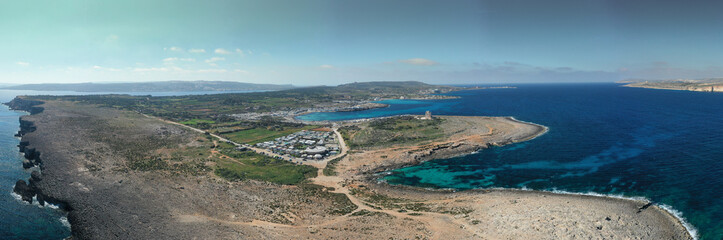 Coral Lagoon in Mellieha of Malta island. Aerial view