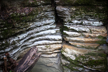 Stone covered with moss. Rock in the relict forest. Background of natural stone. Rocky breed. Natural object.