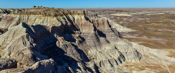 The Painted Desert on a sunny day. Diverse sedimentary rocks and clay washed out by water. Petrified Forest National Park, USA,  Arizona