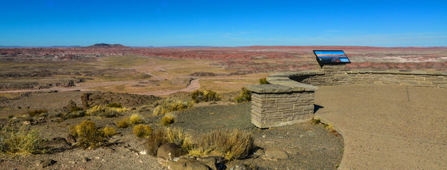 USA, ARIZONA - NOVEMBER 18, 2019:  viewpoint, Arizona mountain eroded landscape, Petrified Forest...