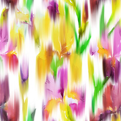 Seamless pattern made of blurred Iris flowers. Summer floral background. Trendy flow abstract style. Watercolor painted flowers. Distorted dreamy florals ornament.