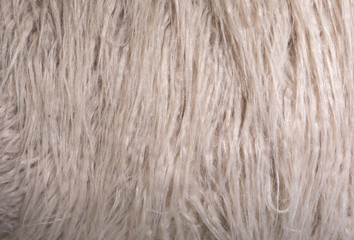 Background from artificial fur fabric with a long pile of light beige shade. Eco-friendly replacement for sodium fur